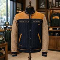 GB Heritage - Pinstripe Varsity Jacket with Tan Sleeve Panels
