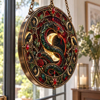 Coiled Under the Crescent - Serpent and Raven Round Window Hanging