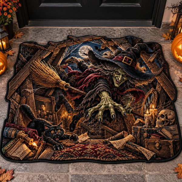 Attic Breach - Green Witch and Black Cat Doormat - main