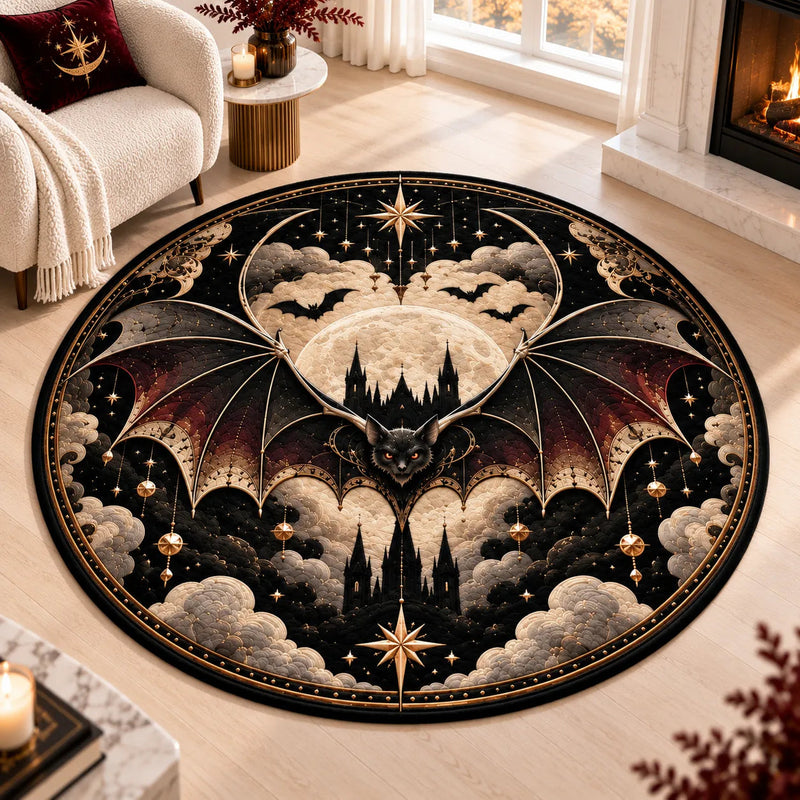 Nocturne Medallion - Moonlit Bat Rug in Obsidian and Gold
