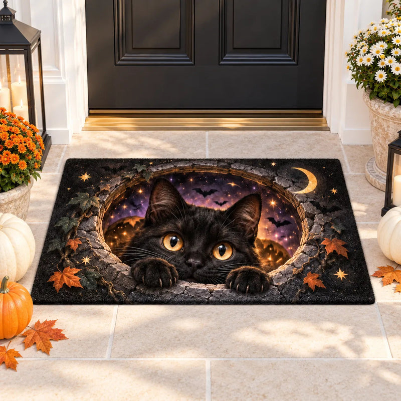 Golden Eyes at the Threshold - Black Cat Doormat