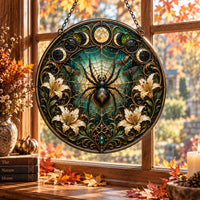 Lunar Arachne - Stained-Glass-Looking Round Window Hanging
