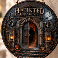 Haunted Threshold - Gothic Doorway Round Wood Sign