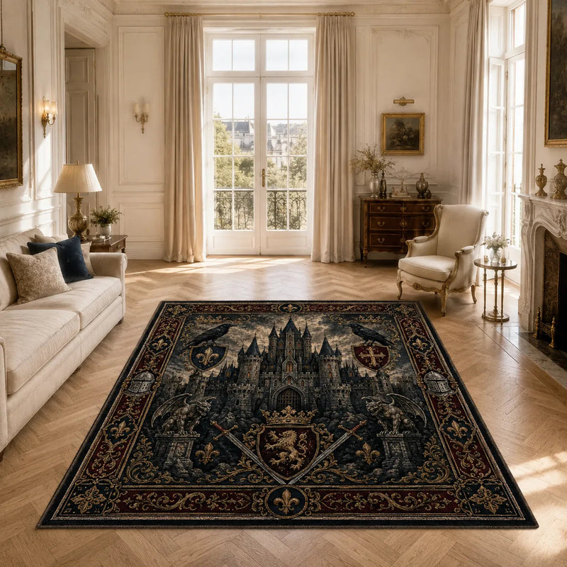 Nocturne Keep - Heraldic Castle Rug in Obsidian and Gold