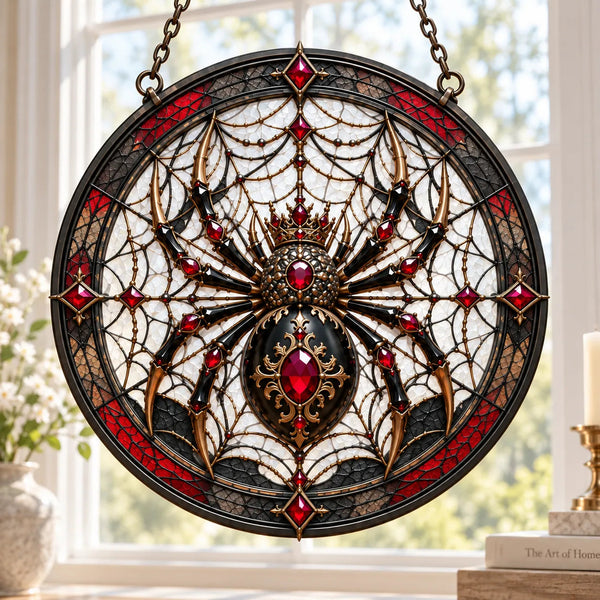 Crowned Arachne - Ruby and Obsidian Round Window Hanging - main