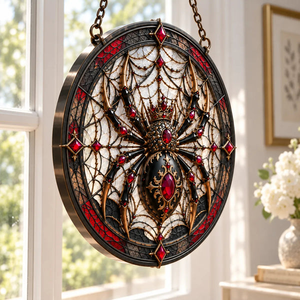 Crowned Arachne - Ruby and Obsidian Round Window Hanging - main