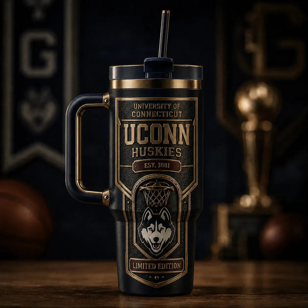 UCONN Heritage Crest - Blackout and Brass Tumbler Graphic - main