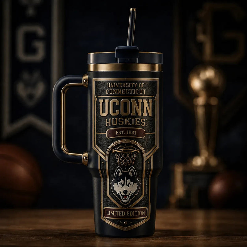 UCONN Heritage Crest - Blackout and Brass Tumbler Graphic