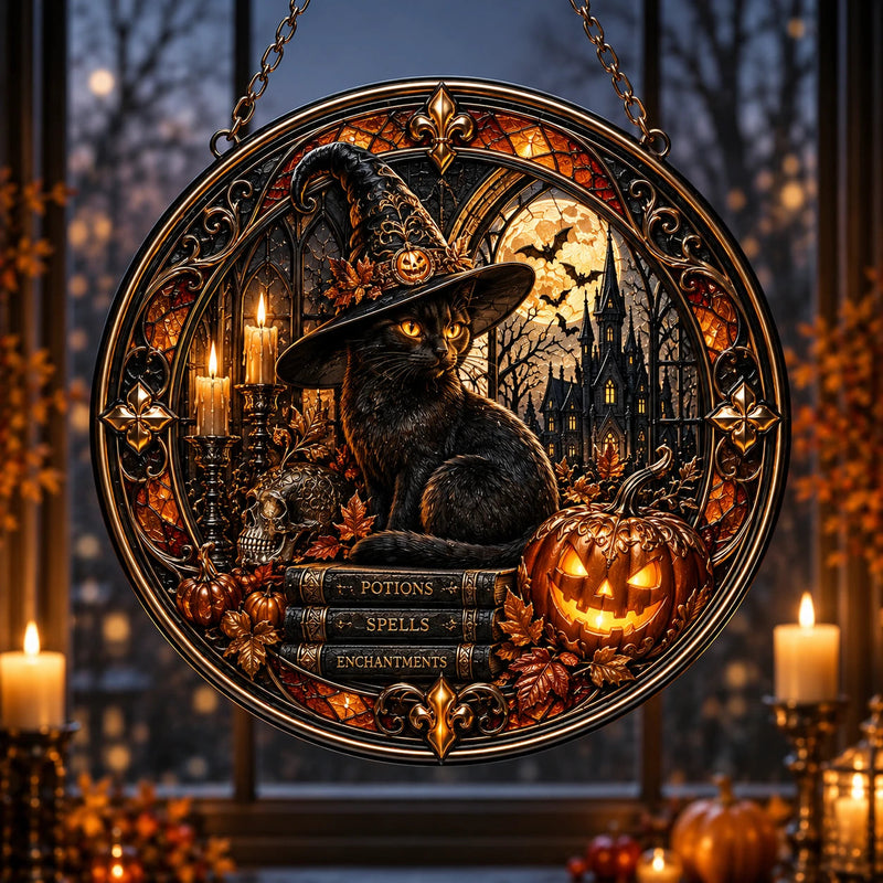 Potions, Spells, Enchantments - Amber Circle with Witch Cat