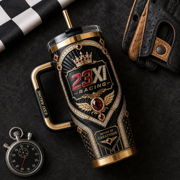 Driven By Greatness - 23XI Crest Tumbler in Black and Gold - main