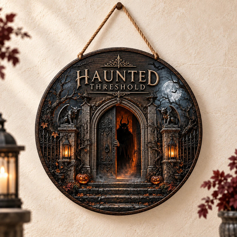 Haunted Threshold - Gothic Doorway Round Wood Sign