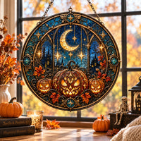 Harvest Moon Cathedral - Circular Stained-Glass-Look Window Hanging