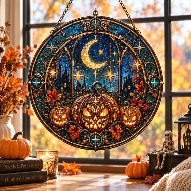 Harvest Moon Cathedral - Circular Stained-Glass-Look Window Hanging