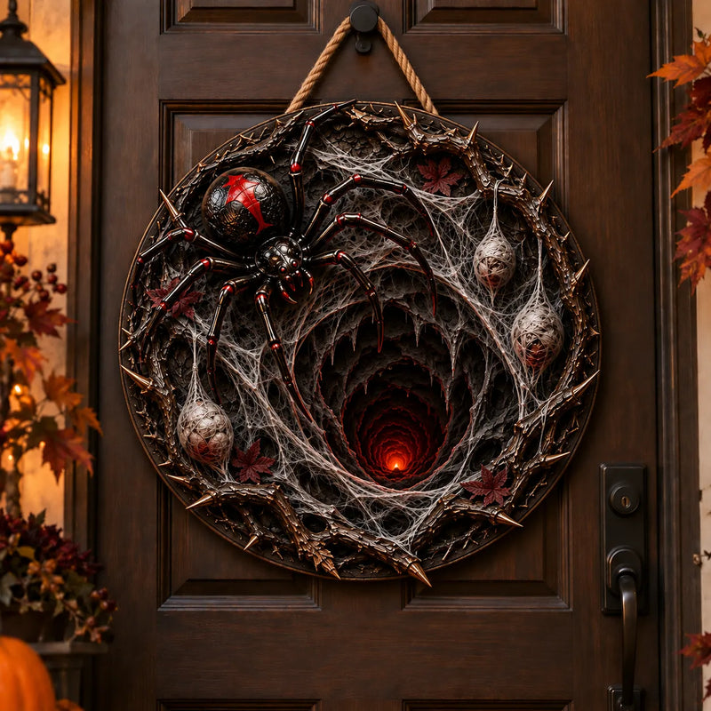 Down the Web - Spider and Ember Round Wood Sign