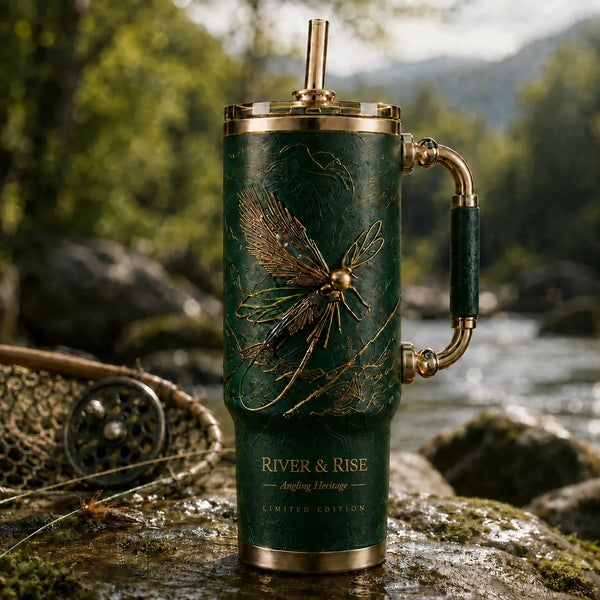 River & Rise - Gilded Mayfly on Forest Green - main
